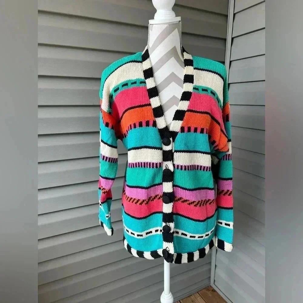 Women’s Vintage 90s IVY Color Block Knit Cardigan Sweater Sz S